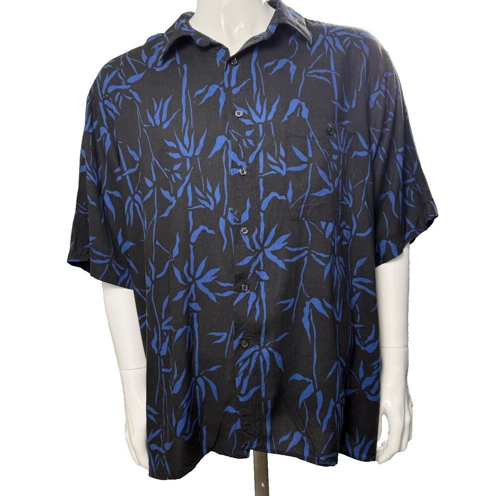 Vintage Hawaiian Shirt Crossings XXL Tropical Black Blue Bamboo Rayon Dadcore